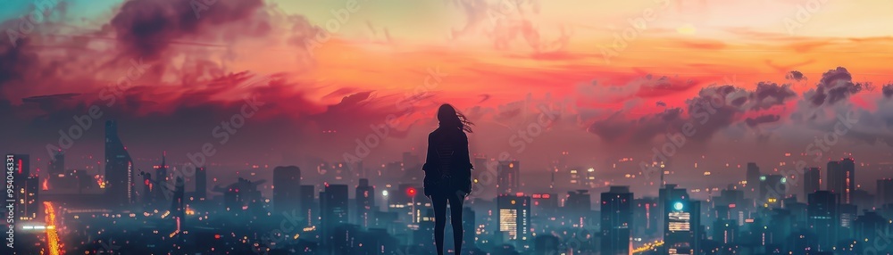 Fototapeta premium Person standing on rooftop overlooking cityscape under a stunning sunset sky. Urban exploration, inspiration, and adventure concept.