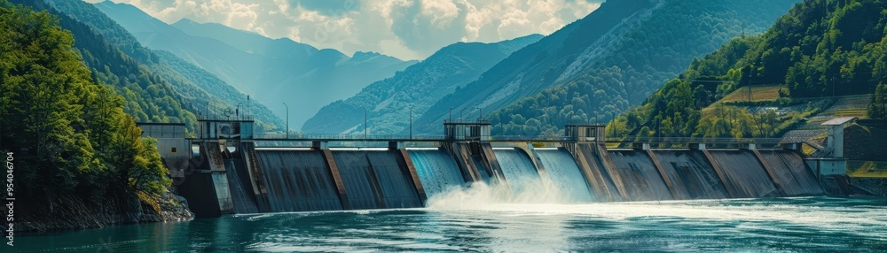 Scenic view of a hydroelectric dam surrounded by lush mountains and flowing river on a clear day with a blue sky. Scenic view of a hydroelectric dam surrounded by lush mountains and flowing river on a clear day with a blue sky.