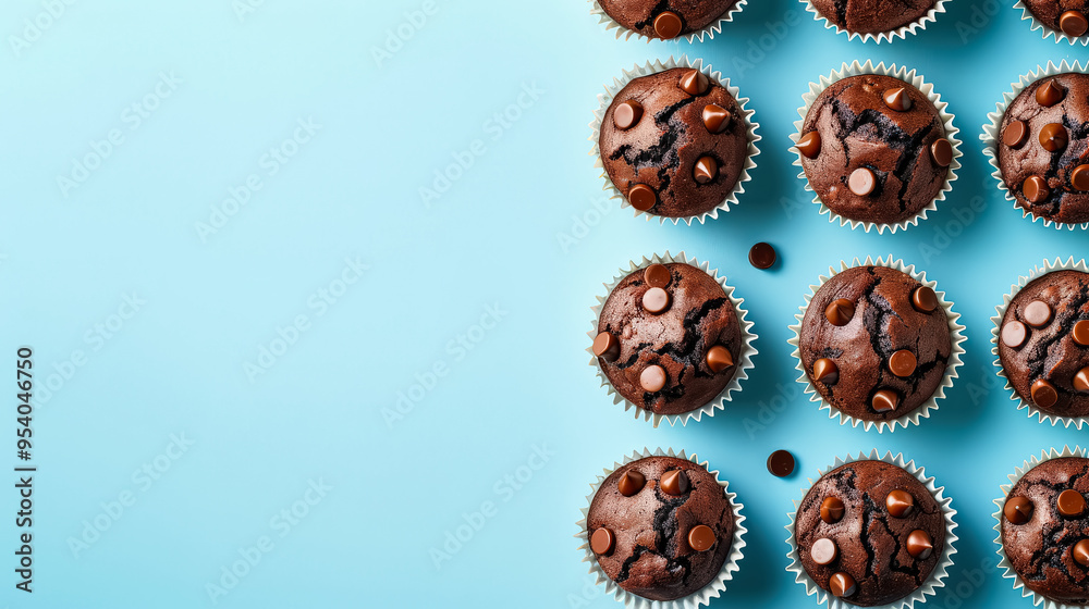 A row of chocolate muffins with chocolate chips on top. The muffins are lined up on a blue background A row of chocolate muffins with chocolate chips on top. The muffins are lined up on a blue background