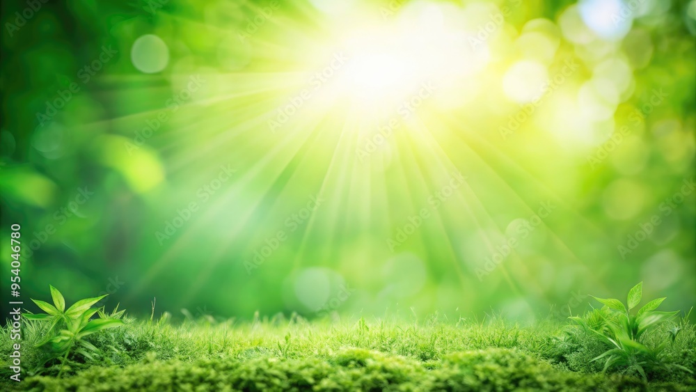 Fototapeta premium Sunrays filtering through a lush green meadow.