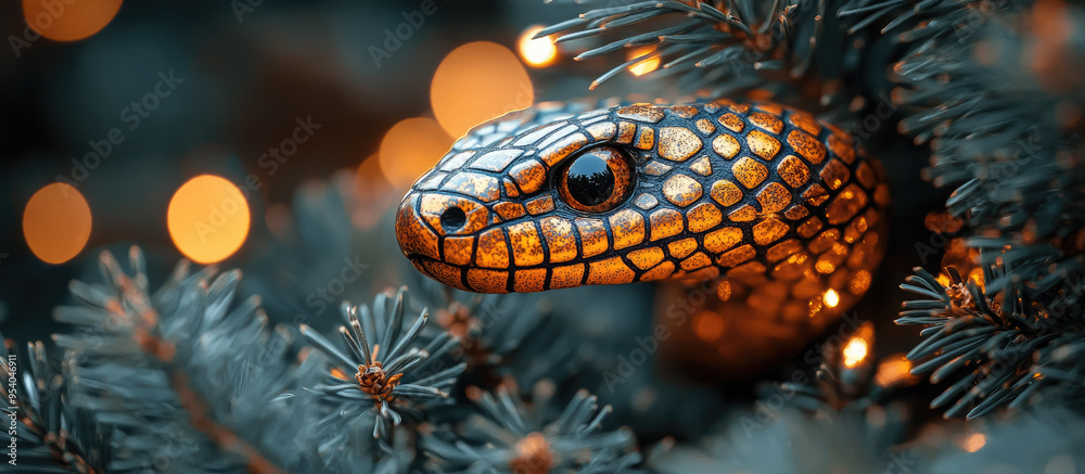 glass gold christmas tree decoration in the shape of a snake head with scale texture hanging on a fir-tree branch, new year 2025, symbol, chinese horoscope, decor, winter, blurred background, postcard glass gold christmas tree decoration in the shape of a snake head with scale texture hanging on a fir-tree branch, new year 2025, symbol, chinese horoscope, decor, winter, blurred background, postcard