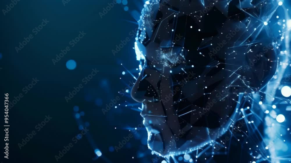 Futuristic digital representation of a human face in blue light with intricate data points and connections. Ideal for AI and technology themes.