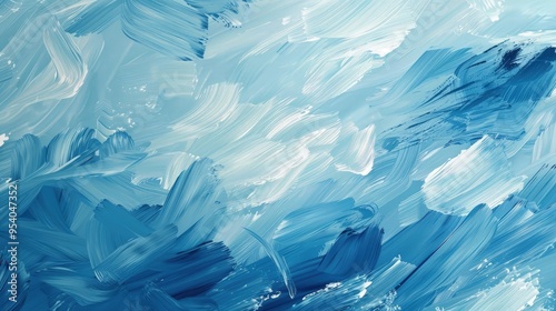 A vibrant abstract painting featuring various shades of blue, creating a fluid and dynamic wave-like texture.