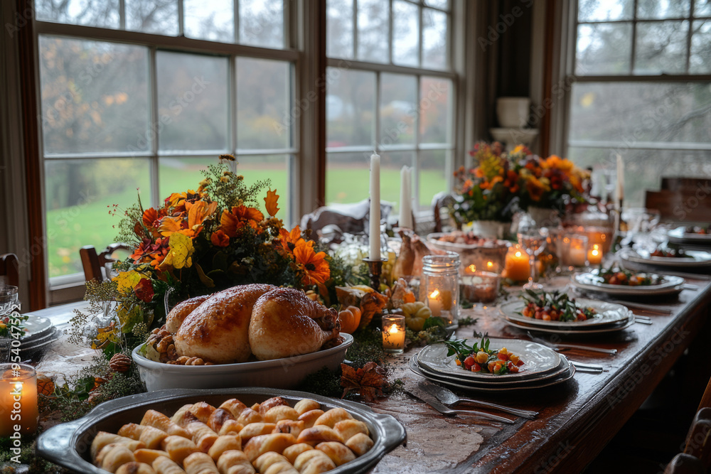 Beautifully decorated fall table setting featuring pumpkins, candles and autumn foliage. Thanksgiving dinner