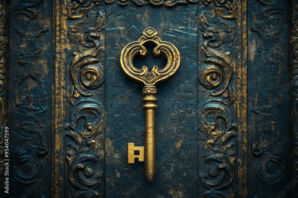 Antique key on a richly textured, ornate surface. Mystery, history, unlocking secrets concept Antique key on a richly textured, ornate surface. Mystery, history, unlocking secrets concept