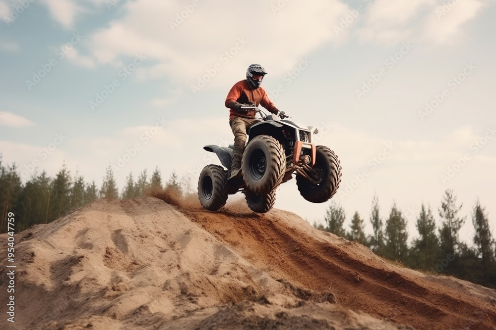 Man jumping atv vehicle on offroad track in touristic tour, extreme sport Man jumping atv vehicle on offroad track in touristic tour, extreme sport