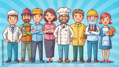 Colorful 2D cartoon illustrations of various professions, including a chef, doctor, and scientist, standing together photo
