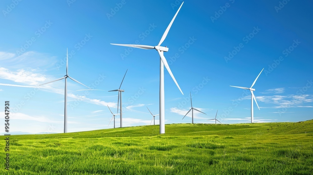 Wind turbines on a green hill under a clear blue sky generating renewable energy. Sustainable and eco-friendly power sources. Wind turbines on a green hill under a clear blue sky generating renewable energy. Sustainable and eco-friendly power sources.