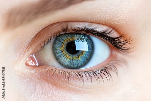 A highly detailed close-up photograph of a human blue eye. 