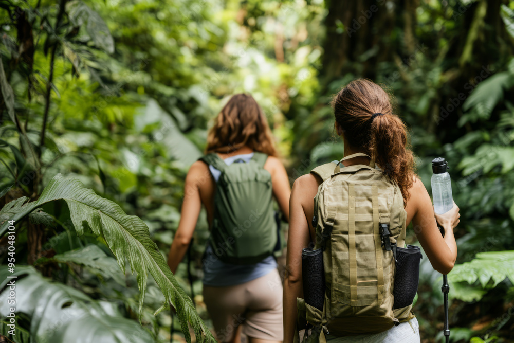 Back view of two people trekking through green jungle, carrying backpacks