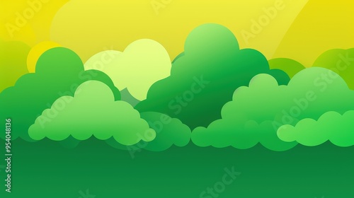 A vibrant, abstract landscape featuring layered green clouds against a yellow backdrop, evoking a sense of nature and tranquility.