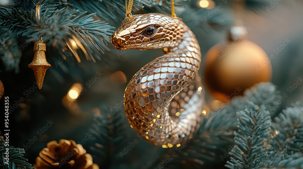 glass gold christmas tree decoration in the shape of a snake head with scale texture hanging on a fir-tree branch, new year 2025, symbol, chinese horoscope, decor, winter, blurred background, postcard glass gold christmas tree decoration in the shape of a snake head with scale texture hanging on a fir-tree branch, new year 2025, symbol, chinese horoscope, decor, winter, blurred background, postcard