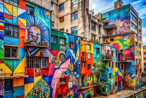 colorful abstract shapes and textures cover urban buildings, creative wheatpasting merging with graffiti, adding life