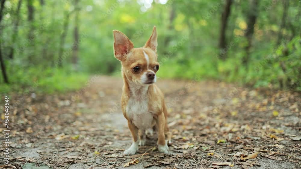 Chihuahua dog sitting on ground in park, slow motion Chihuahua dog sitting on ground in park, slow motion