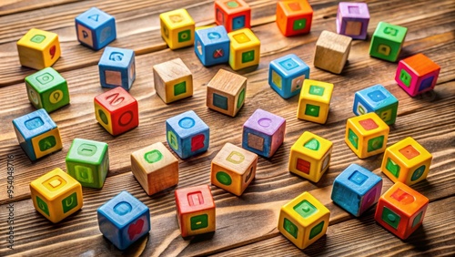 Colorful alphabet letter blocks and number cubes scattered on a wooden table, creating a playful and educational photo