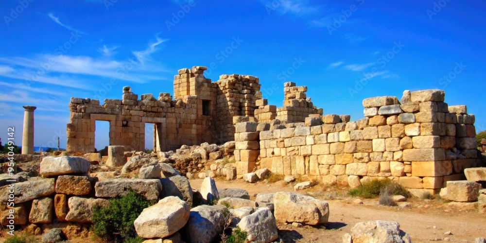 Fototapeta premium Ancient ruins stand against a clear blue sky.