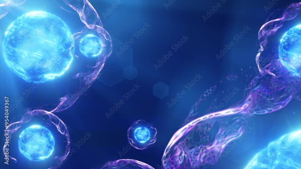 A vibrant depiction of floating blue spheres in a cosmic environment, resembling microscopic particles or cells in a glowing, ethereal space, video in high quality 4k, motion design