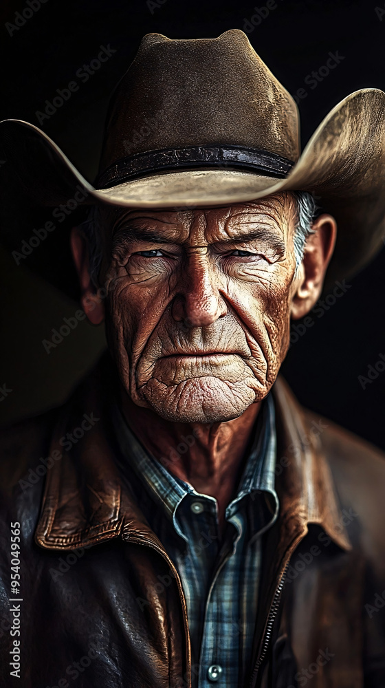 A close-up portrait of a rugged elderly man wearing a weathered cowboy hat and leather jacket, with deeply etched facial lines, piercing blue eyes, and a stern expression, embodying the essence of res A close-up portrait of a rugged elderly man wearing a weathered cowboy hat and leather jacket, with deeply etched facial lines, piercing blue eyes, and a stern expression, embodying the essence of res