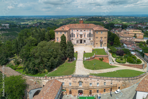 Aerial view of Castello di Govone, Italy, surrounded by lush gardens, Piedmon region, Langhe area photo