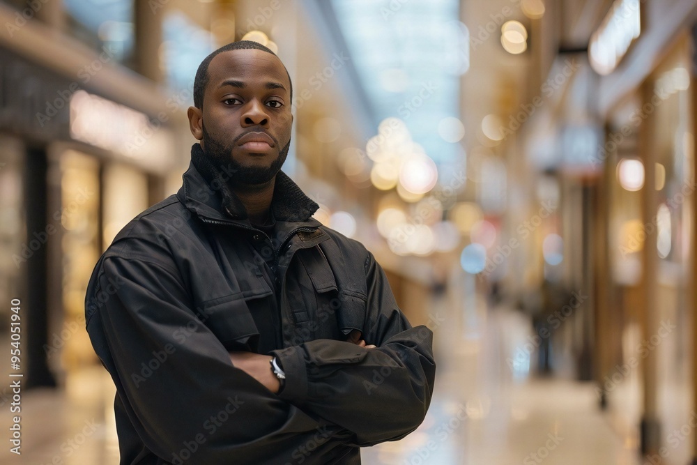 African American security guard in black uniform standing confidently in a shopping mall, representing safety and protection. African American security guard in black uniform standing confidently in a shopping mall, representing safety and protection.