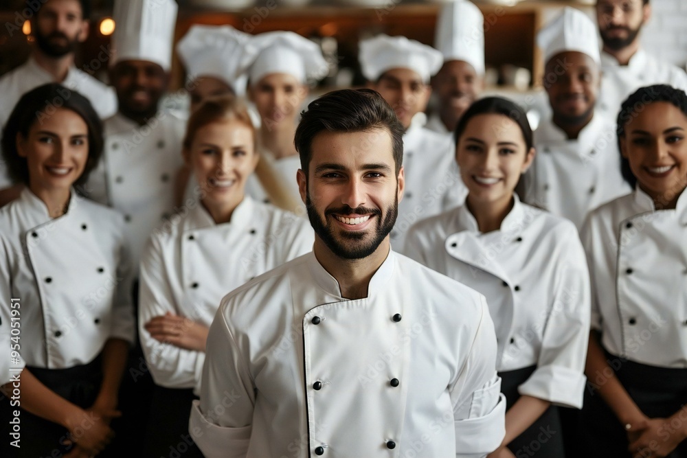 diverse group of hotel staff and hospitality employees, including waiters, chefs, and butlers, standing together in their uniforms and smiling happily. diverse group of hotel staff and hospitality employees, including waiters, chefs, and butlers, standing together in their uniforms and smiling happily.