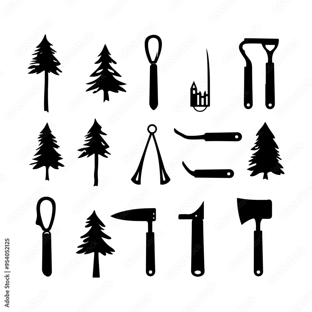 Obraz premium Camping Hatchet Silhouette set items clipart
