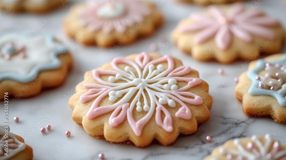 Delicate iced sugar cookies in pastel colors are arranged attractively on a marble surface, showcasing intricate designs and vibrant details. Delicate iced sugar cookies in pastel colors are arranged attractively on a marble surface, showcasing intricate designs and vibrant details.
