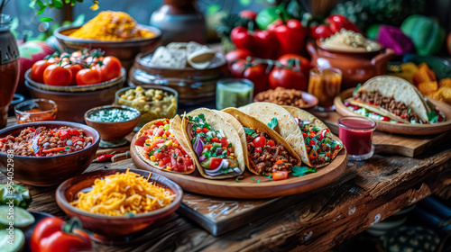 A table full of food with a variety of dishes including tacos, beans, and salad. The table is set with utensils and bowls, and there is a person reaching for a plate. Scene is inviting and welcoming