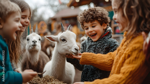 A family visiting a petting zoo children excitedly feeding animals.