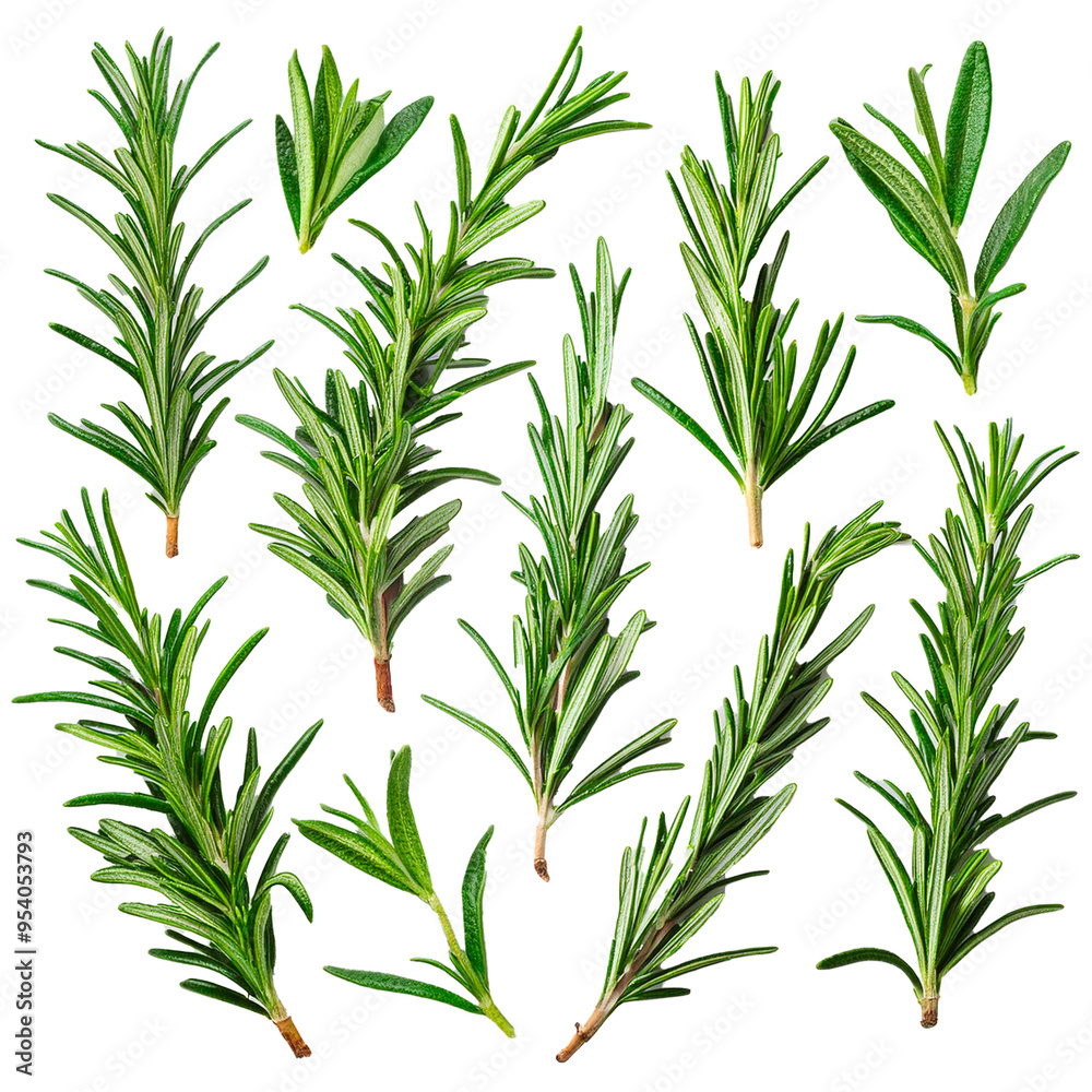 Fototapeta premium Fresh rosemary and green leaves, arranged in a flat lay style for food presentation, isolated on a simple background.