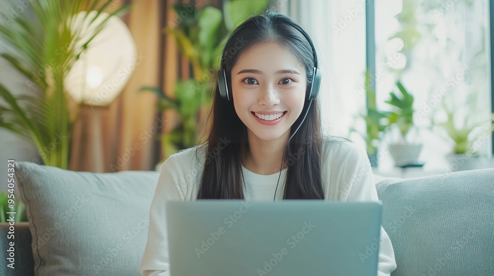 Young Asian woman video conferences from her living room sofa. Young Asian woman video conferences from her living room sofa.