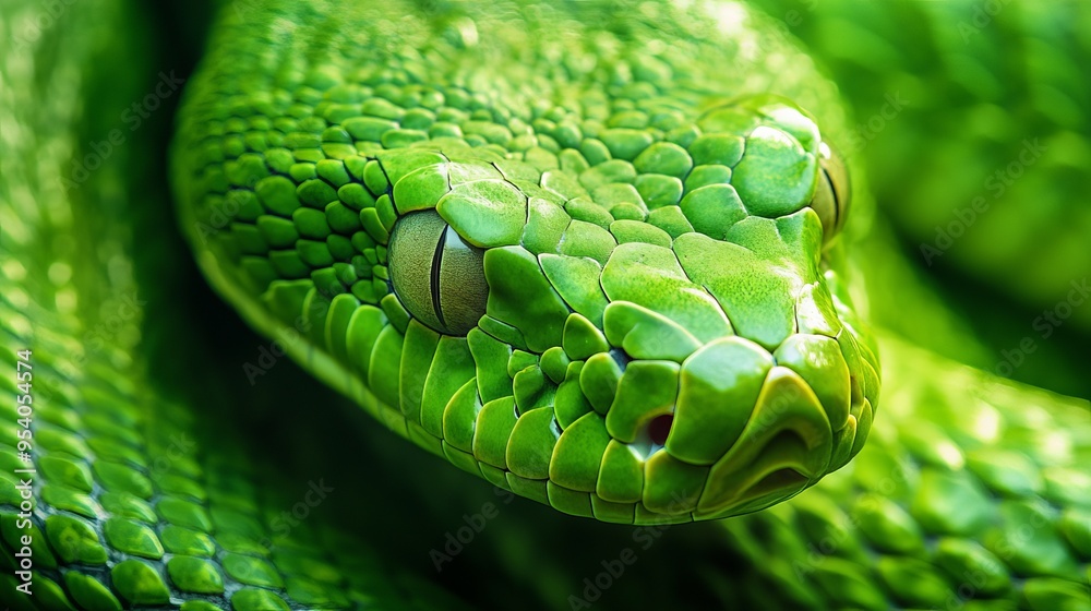 A close-up view of a dangerous green snake, highlighting its vivid scales and intense gaze.
A close-up view of a dangerous green snake, highlighting its vivid scales and intense gaze.