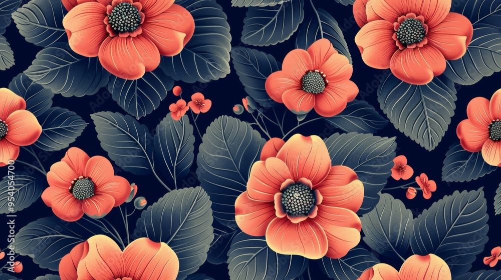 custom made wallpaper toronto digitalSeamless pattern of vibrant red flowers and dark green leaves on a black background.