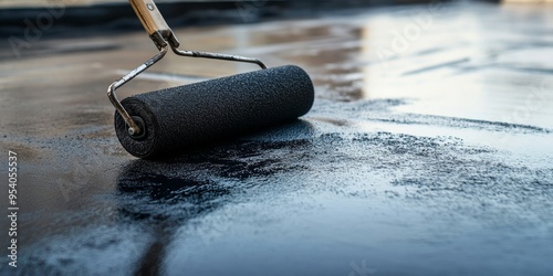 Black roller brush in action applying waterproof coating on rooftop, copy space - roofing, construction, protective coatings photo