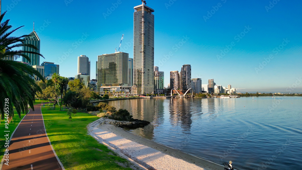 Aerial view of Perth skyline at sunset from Swan River