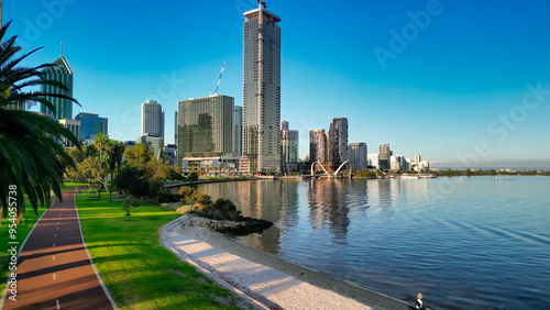 Obraz na płótnie Aerial view of Perth skyline at sunset from Swan River w salonie