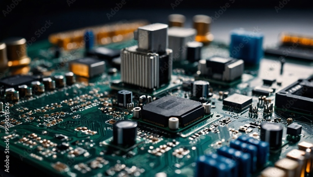 Close-up of a computer motherboard with intricate electronic components. Close-up of a computer motherboard with intricate electronic components.