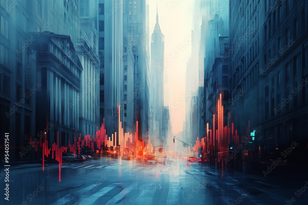 custom made wallpaper toronto digitalA futuristic depiction of a financial district at dusk, where towering skyscrapers loom over a city street bathed in soft blue tones.