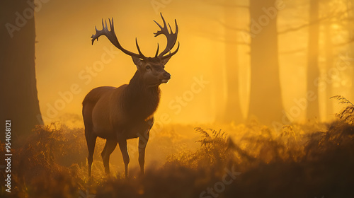 A majestic stag standing in a misty forest clearing at dawn.