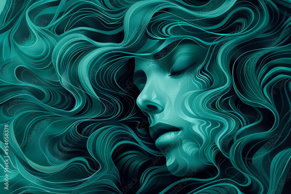 Artistic female face emerging from swirling deep green waves, creating a mesmerizing and mysterious visual effect. Artistic female face emerging from swirling deep green waves, creating a mesmerizing and mysterious visual effect.