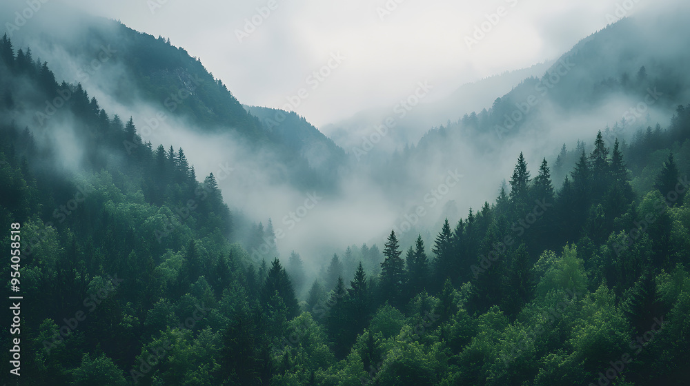 A misty morning in the mountains with fog rolling through pine forests and valleys. A misty morning in the mountains with fog rolling through pine forests and valleys.