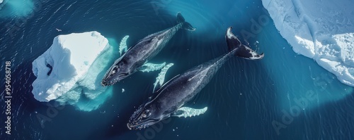 Aerial shot of two humpback whales swimming alongside vast icebergs in the deep, icy blue Arctic waters.