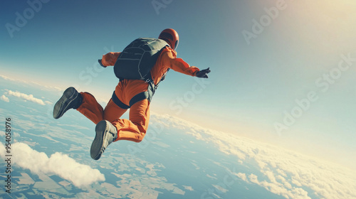 professional skydiver in the sky among clouds in orange suit Generative AI