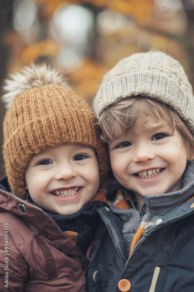 two children in warm clothes in autumn park portrait Generative AI two children in warm clothes in autumn park portrait Generative AI