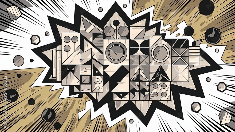 Creative Wooden Geometric Shapes Background in Black, White, Grey, and Beige Comic Style Creative Wooden Geometric Shapes Background in Black, White, Grey, and Beige Comic Style