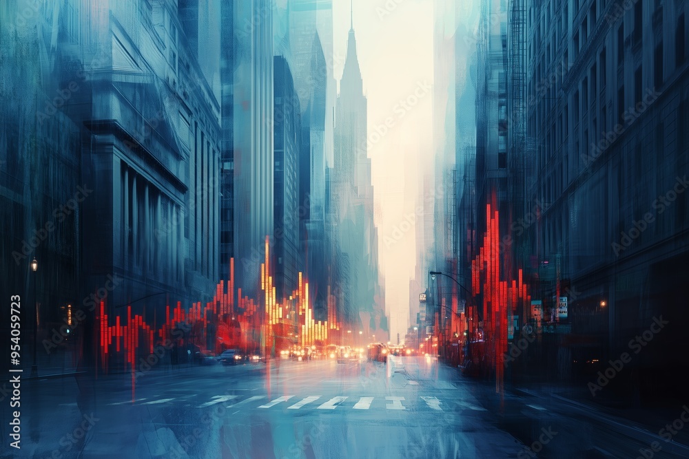 Fototapeta premium A futuristic depiction of a financial district at dusk, where towering skyscrapers loom over a city street bathed in soft blue tones.