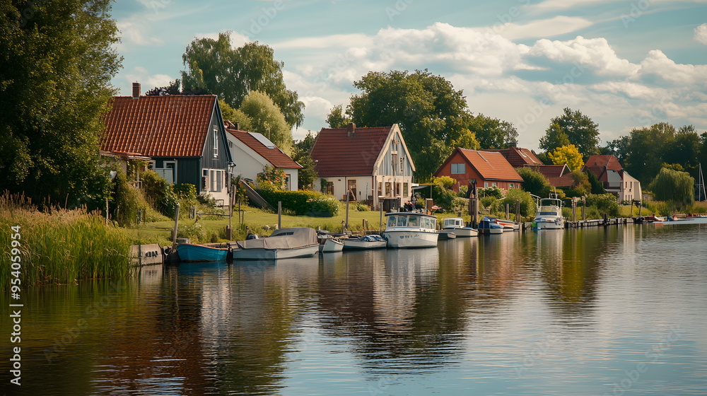 A peaceful riverside village with quaint houses and boats docked along the shore. A peaceful riverside village with quaint houses and boats docked along the shore.