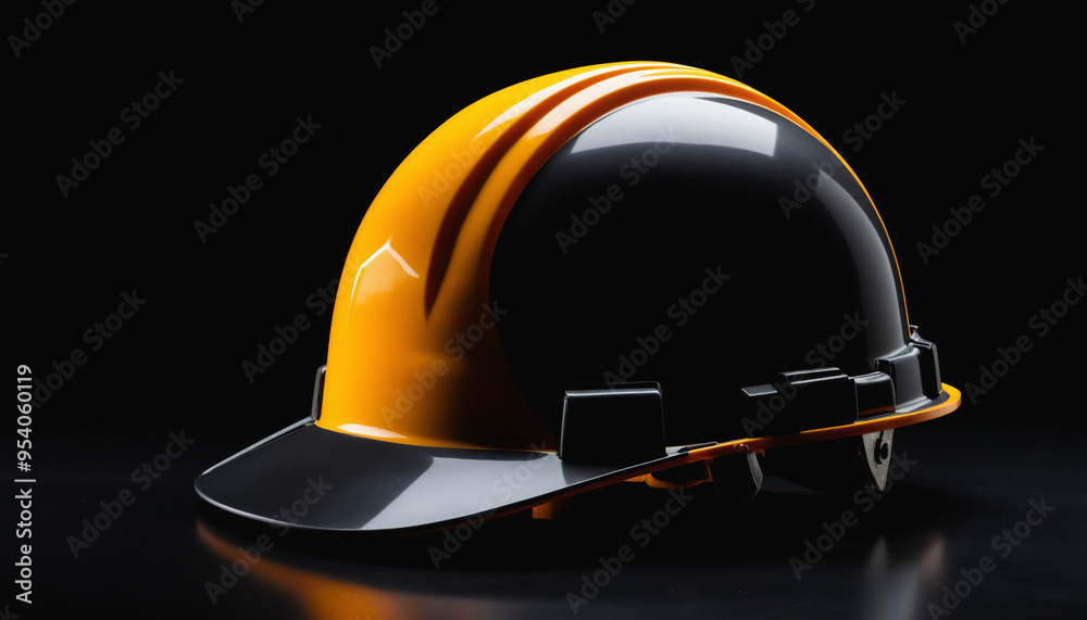 Casque chantier bâtiment construction équipement travaux protection orange sécurité fond noir. Casque chantier bâtiment construction équipement travaux protection orange sécurité fond noir.