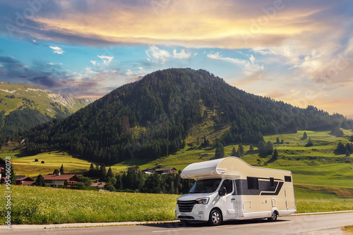 Wallpaper Mural Scenic view big modern white family rv camper van vehicle drive Europe highway road alpine mountain cloud in summer day. Rving motorhome lifestyle travel adventure tourism trip Alps journey concept Torontodigital.ca
