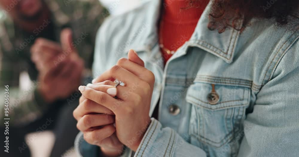Woman, hands and ring with doubt for divorce, relationship mistake or issues and emotional stress for separation. Closeup, conflict and decision in home to break up, choice and toxic environment.